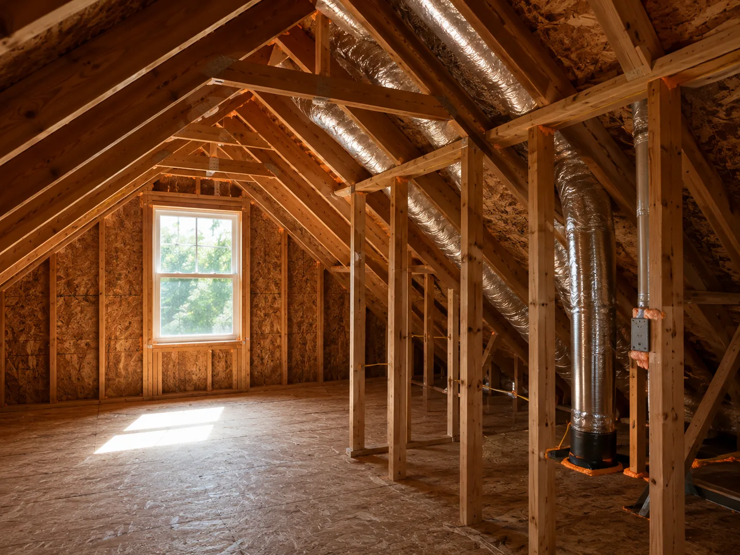 Unfinished attic with raw framing, sheathing and ductwork, ready for air sealing