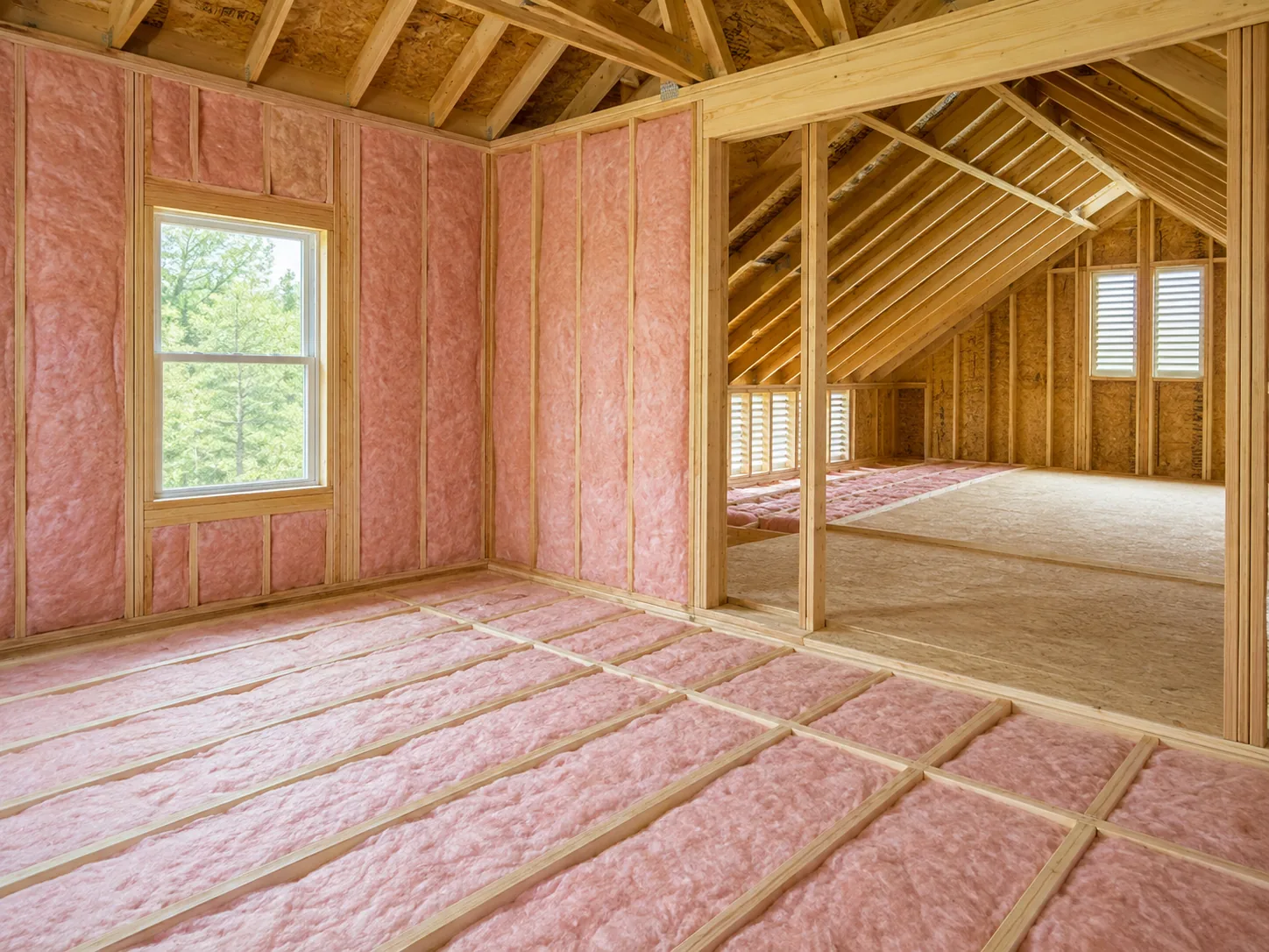 Batt insulation cut tight into stud bays with no gaps or compression