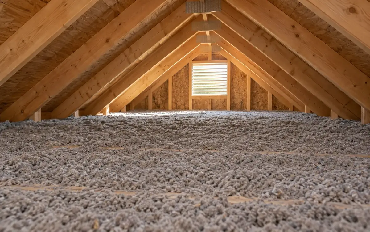Blown-in insulation over an attic floor
