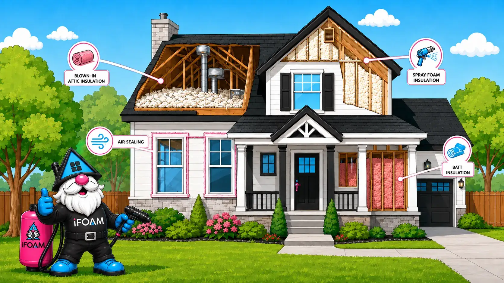 Illustrated iFOAM house cutaway showing blown-in attic insulation, spray foam, air sealing and batt insulation, with FOAMiE out front