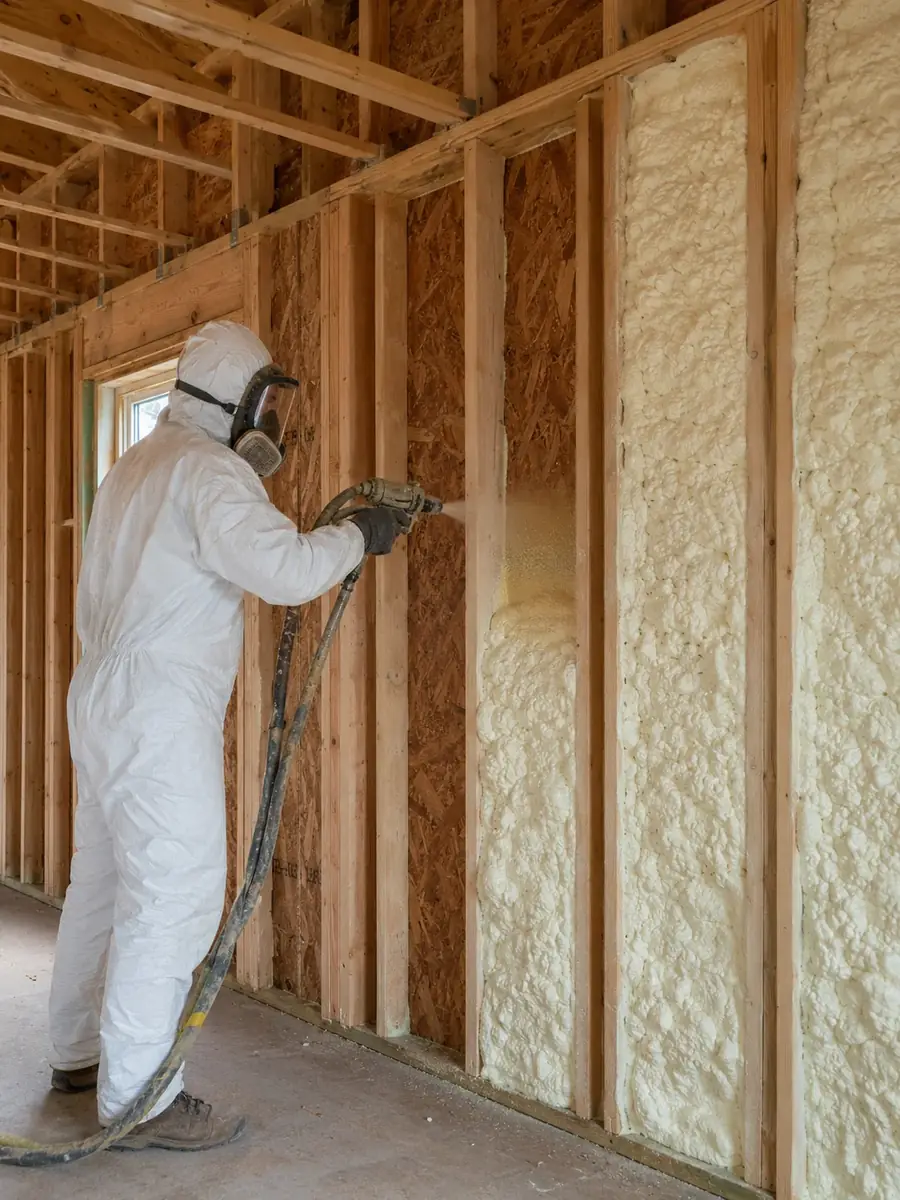An iFOAM installer sealing and insulating an open stud bay with spray foam