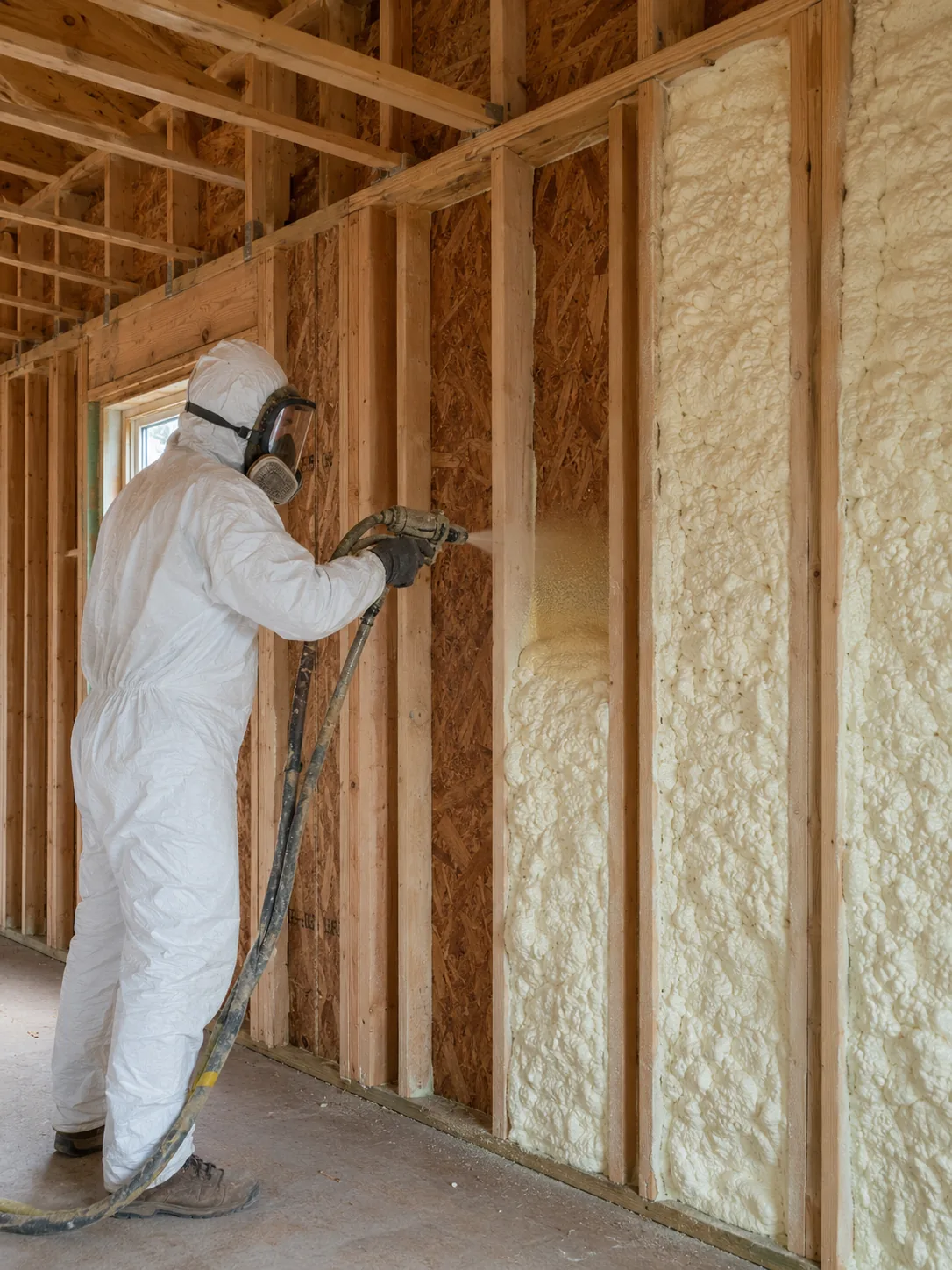 An iFOAM installer in full protective suit and respirator spraying foam into an open stud bay