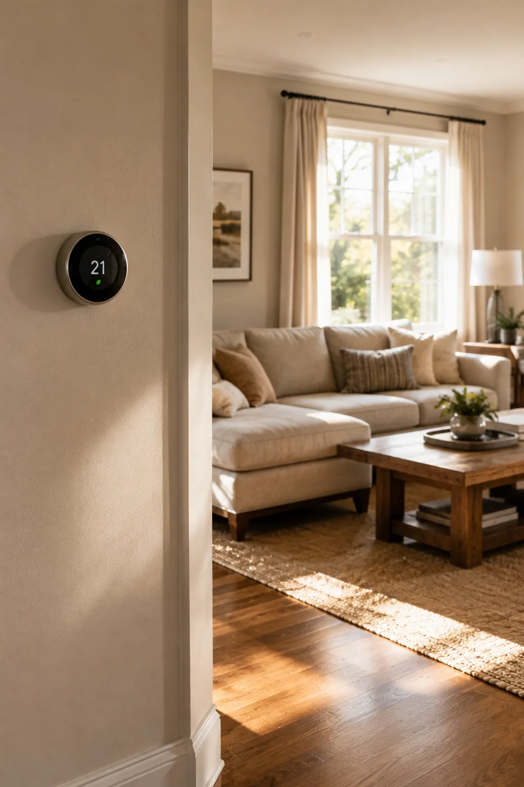 A smart thermostat on the wall of a warm, lived-in family room in morning light