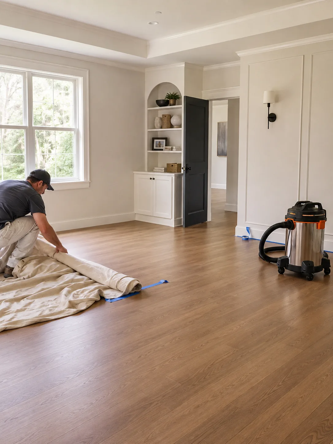 An iFOAM installer lifting the drop cloths from a finished room, shop vacuum still in shot