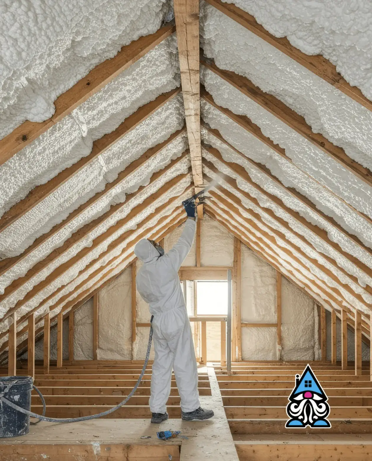 An iFOAM installer spraying open-cell foam onto an attic roof deck between the rafters