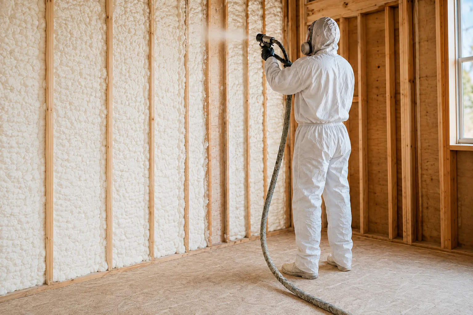 An iFOAM installer filling exterior wall bays with spray foam on a framed job site